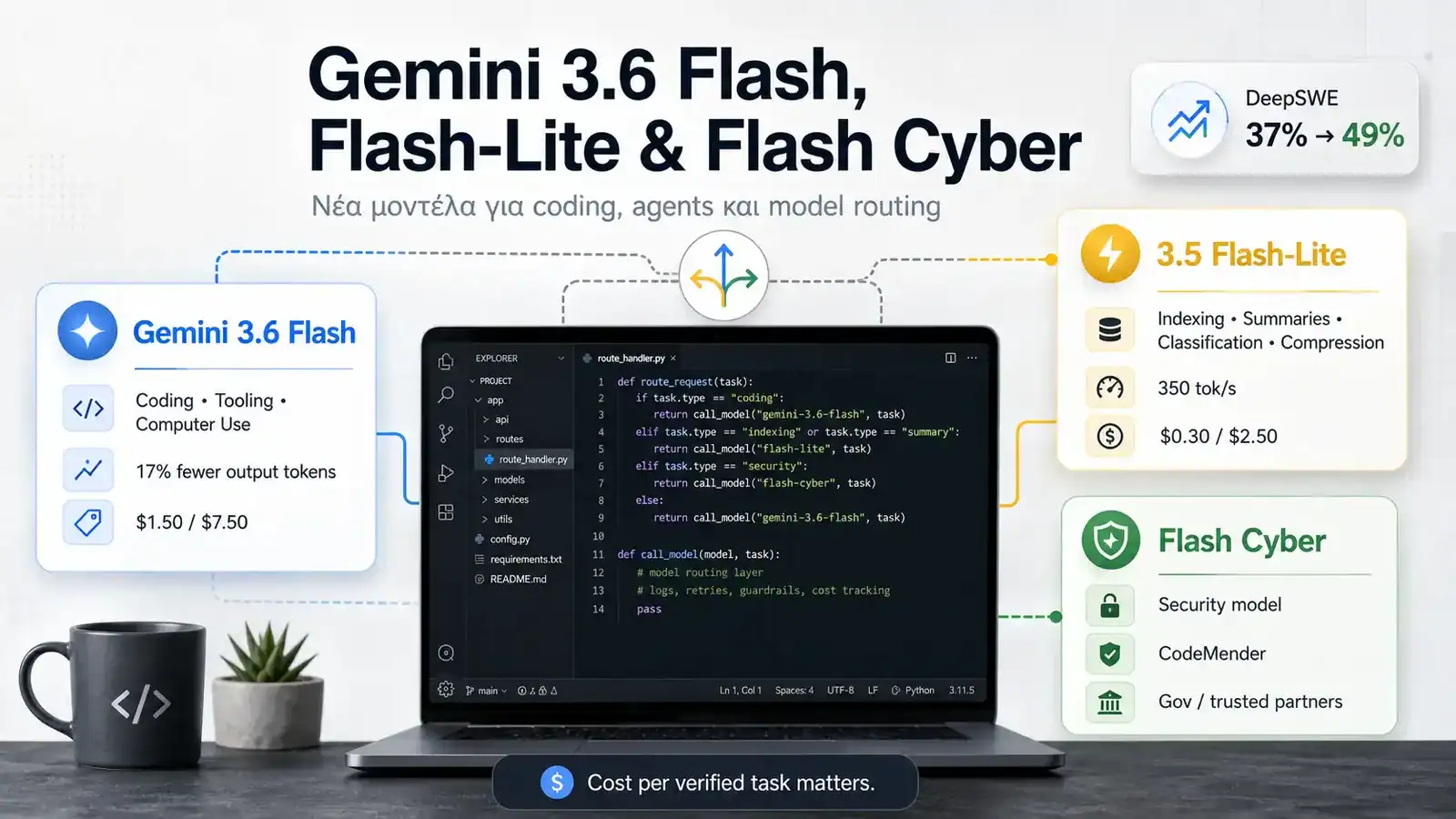 Διάγραμμα σύγκρισης των Gemini 3.6 Flash, 3.5 Flash-Lite και Flash Cyber για coding, high-throughput εργασίες και ασφάλεια.