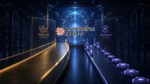 Φωτεινός πυρήνας τεχνητής νοημοσύνης σε data center με δύο διαδρομές πρόσβασης και το επίσημο λογότυπο της Anthropic.