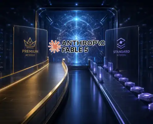 Φωτεινός πυρήνας τεχνητής νοημοσύνης σε data center με δύο διαδρομές πρόσβασης και το επίσημο λογότυπο της Anthropic.