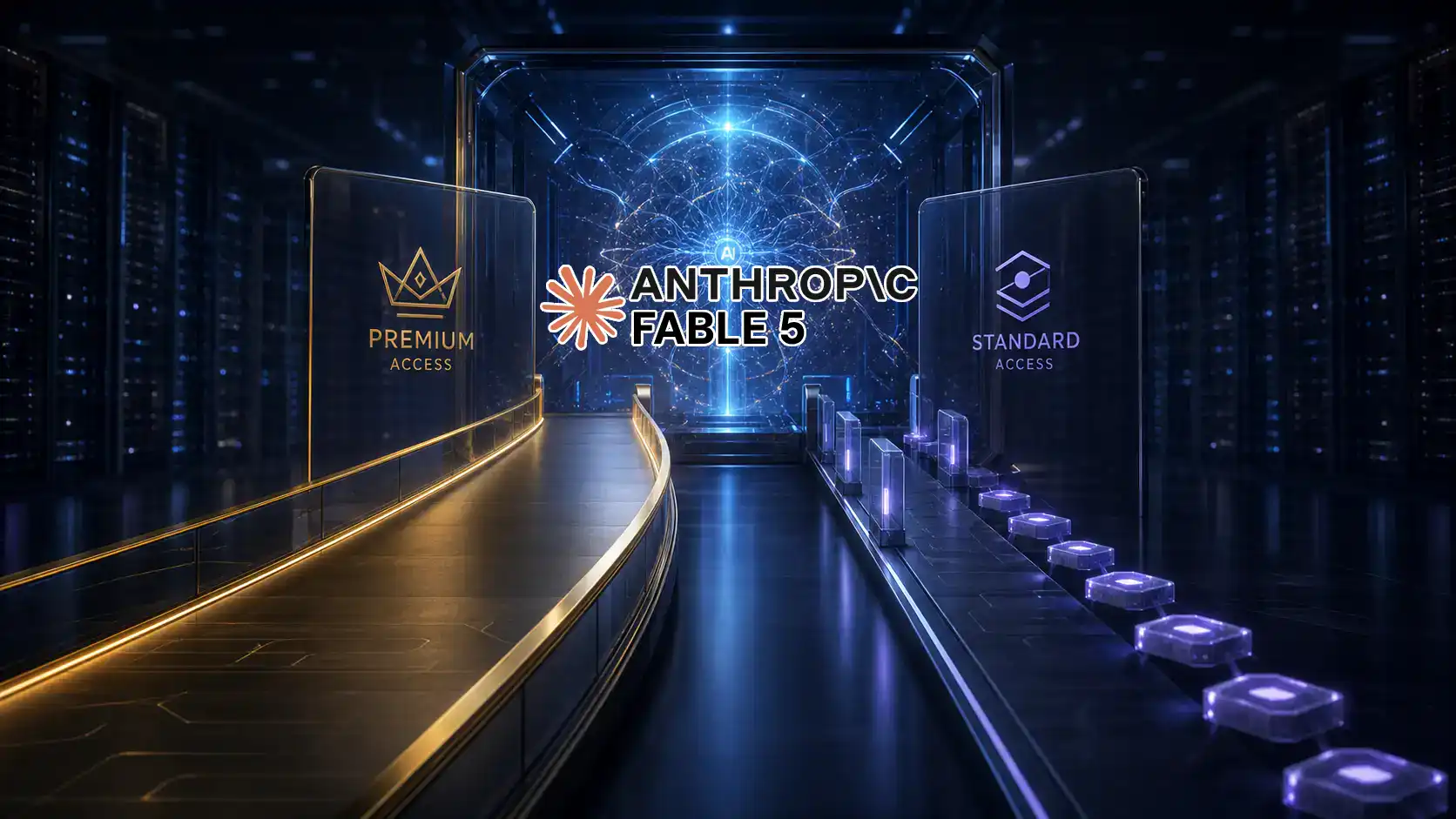 Φωτεινός πυρήνας τεχνητής νοημοσύνης σε data center με δύο διαδρομές πρόσβασης και το επίσημο λογότυπο της Anthropic.