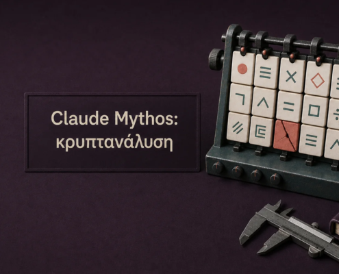 Ματ μηχανισμός καρτών κρυπτογράφησης σε βαθύ δαμασκηνί φόντο, με μία ραγισμένη κοραλλί κάρτα και την επιγραφή Claude Mythos: κρυπτανάλυση.