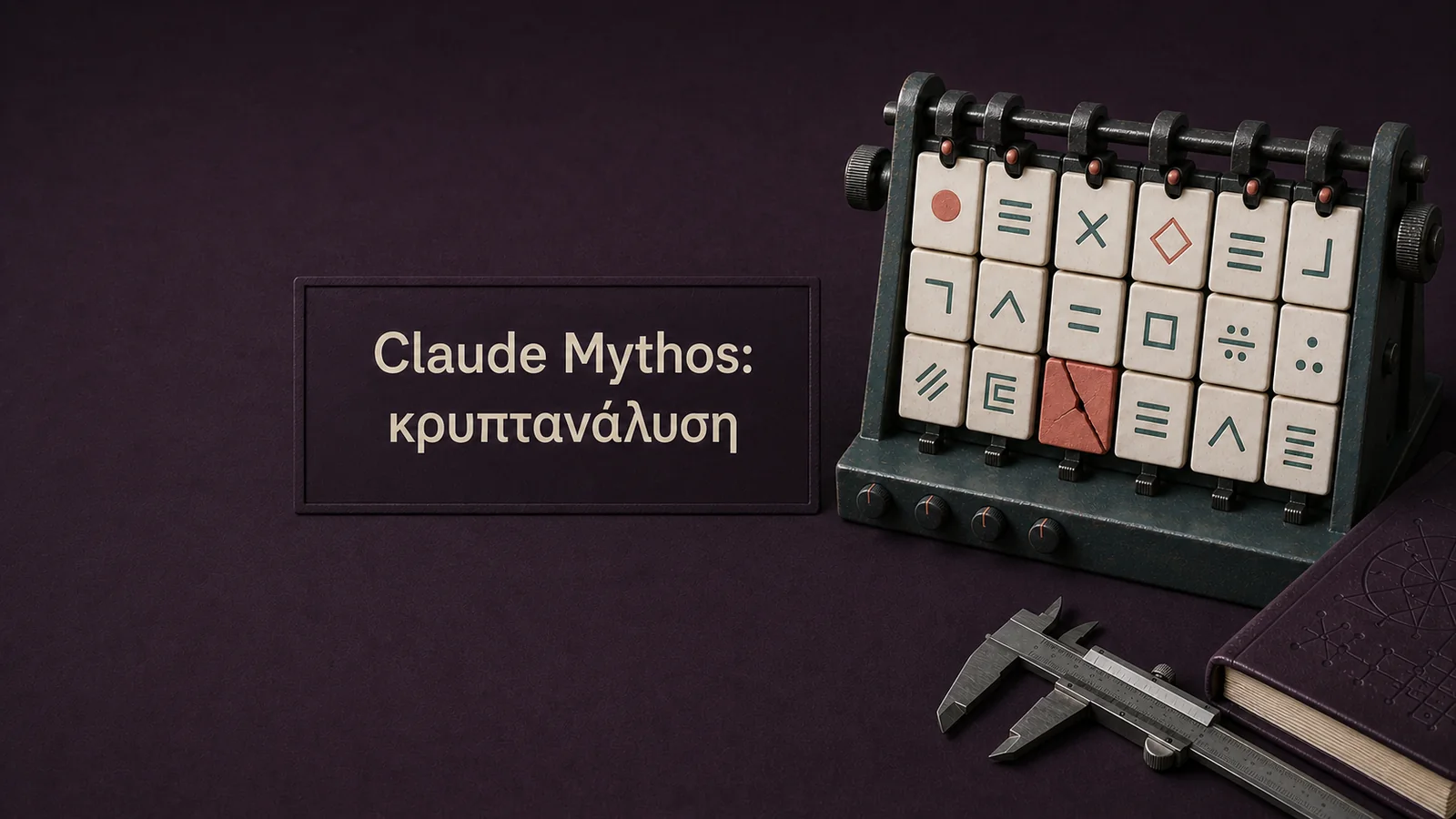 Ματ μηχανισμός καρτών κρυπτογράφησης σε βαθύ δαμασκηνί φόντο, με μία ραγισμένη κοραλλί κάρτα και την επιγραφή Claude Mythos: κρυπτανάλυση.