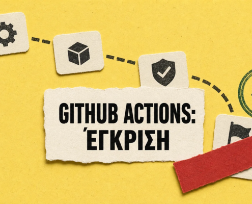 Χειροποίητο κολάζ με κάρτες workflow, σφραγίδα έγκρισης και κόκκινη ταινία hold για το GitHub Actions.