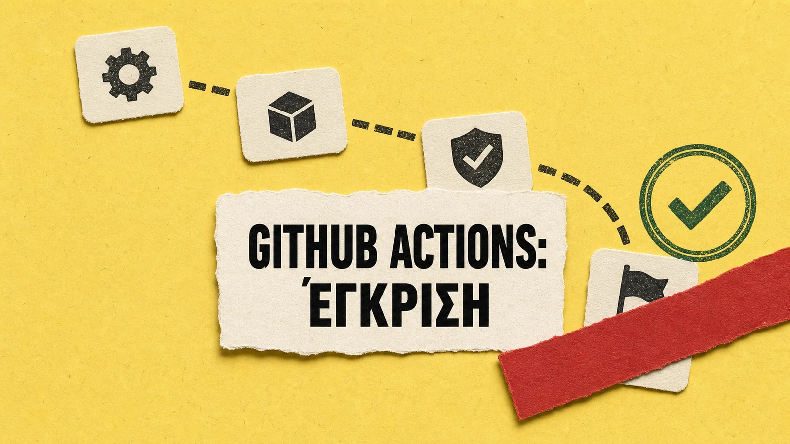 Χειροποίητο κολάζ με κάρτες workflow, σφραγίδα έγκρισης και κόκκινη ταινία hold για το GitHub Actions.