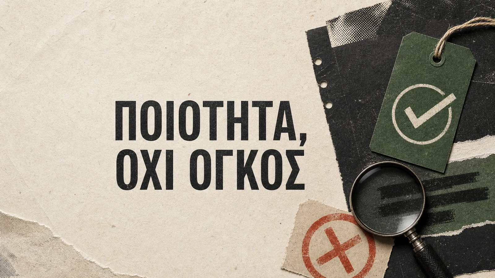 Editorial κολάζ με έγγραφο αναφοράς ευπάθειας, ετικέτα επαλήθευσης, μεγεθυντικό φακό και τη φράση ΠΟΙΟΤΗΤΑ, ΟΧΙ ΟΓΚΟΣ.