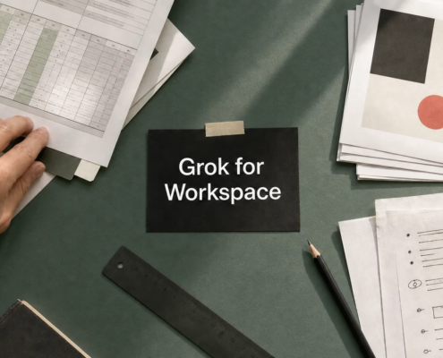 Επάνω λήψη από γραφείο με έντυπα spreadsheet και παρουσιάσεων, χέρι χρήστη και κεντρική καρτέλα με το κείμενο Grok for Workspace.