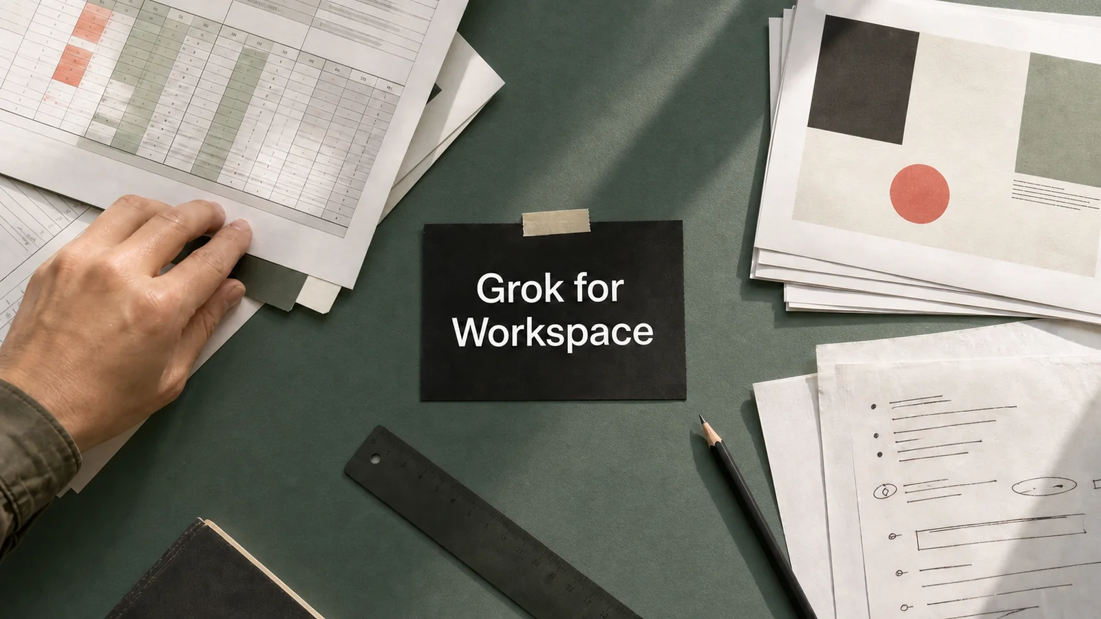 Επάνω λήψη από γραφείο με έντυπα spreadsheet και παρουσιάσεων, χέρι χρήστη και κεντρική καρτέλα με το κείμενο Grok for Workspace.