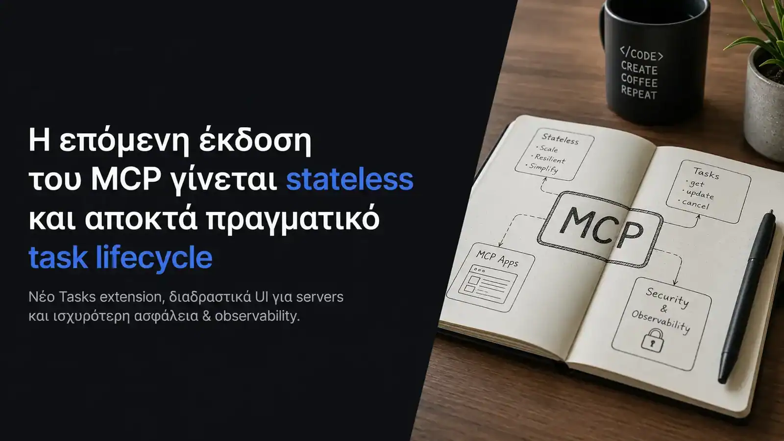 Γραφιστική σύνθεση με σημειωματάριο που απεικονίζει το stateless MCP, τα Tasks, τα MCP Apps και την ασφάλεια.