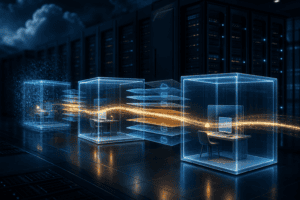 Απομονωμένα microVM sandboxes σε data center συνδέονται με φωτεινή ροή δεδομένων και επίπεδα snapshots για μακροχρόνιους AI agents