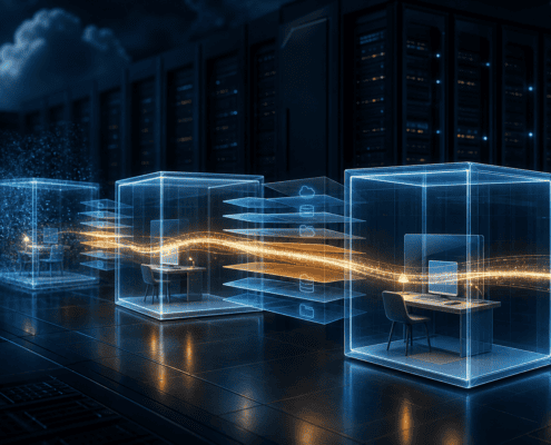 Απομονωμένα microVM sandboxes σε data center συνδέονται με φωτεινή ροή δεδομένων και επίπεδα snapshots για μακροχρόνιους AI agents