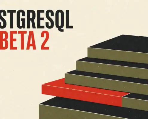Μινιμαλιστική αφίσα για την PostgreSQL 19 Beta 2 με ασύμμετρη στοίβα επιπέδων βάσης δεδομένων σε λαδί, μαύρο και κόκκινο.