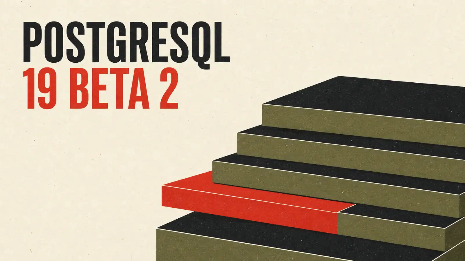Μινιμαλιστική αφίσα για την PostgreSQL 19 Beta 2 με ασύμμετρη στοίβα επιπέδων βάσης δεδομένων σε λαδί, μαύρο και κόκκινο.