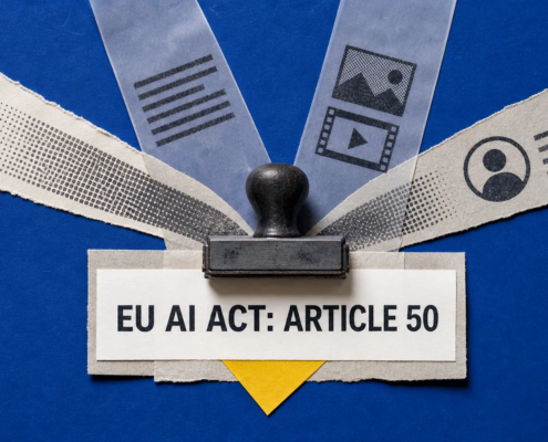 Χειροποίητο κολάζ με τέσσερις λωρίδες περιεχομένου που περνούν από σφραγίδα διαφάνειας με την ένδειξη EU AI Act Article 50.