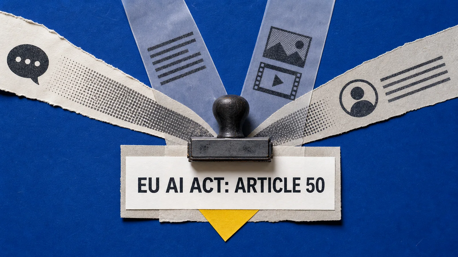 Χειροποίητο κολάζ με τέσσερις λωρίδες περιεχομένου που περνούν από σφραγίδα διαφάνειας με την ένδειξη EU AI Act Article 50.
