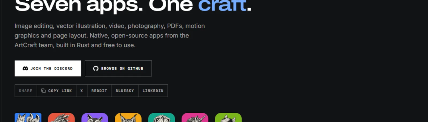 Η σελίδα Crafting Apps του ArtCraft με το μήνυμα Seven apps. One craft. και τα εικονίδια των επτά δωρεάν εφαρμογών.